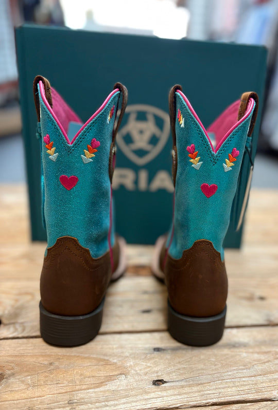 Youth Kids Ariat Rodeo Love Western High Top Cowgirl Boot - Distressed Brown / Aqua Dazzle Metallic