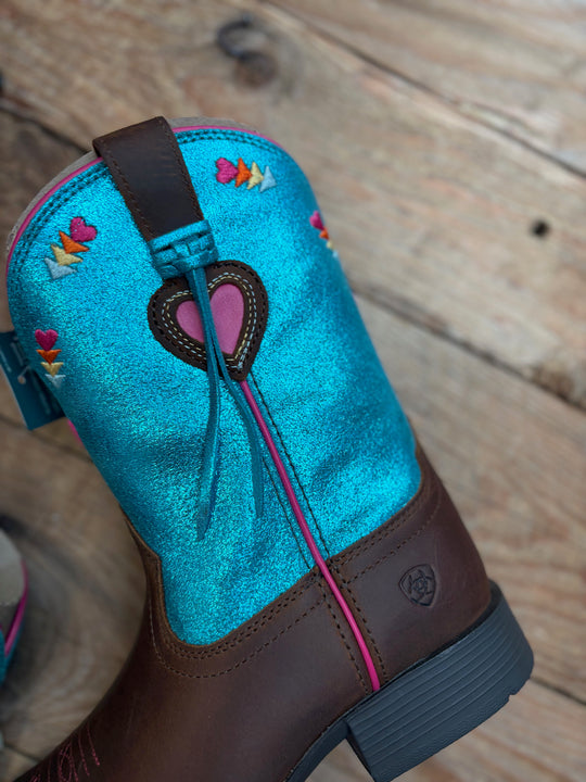 Youth Kids Ariat Rodeo Love Western High Top Cowgirl Boot - Distressed Brown / Aqua Dazzle Metallic