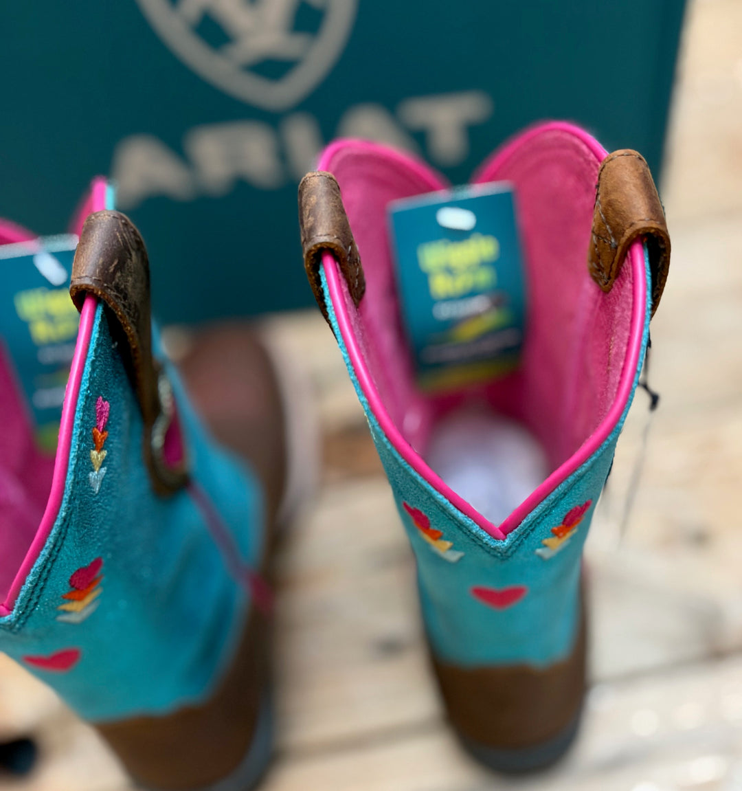 Youth Kids Ariat Rodeo Love Western High Top Cowgirl Boot - Distressed Brown / Aqua Dazzle Metallic