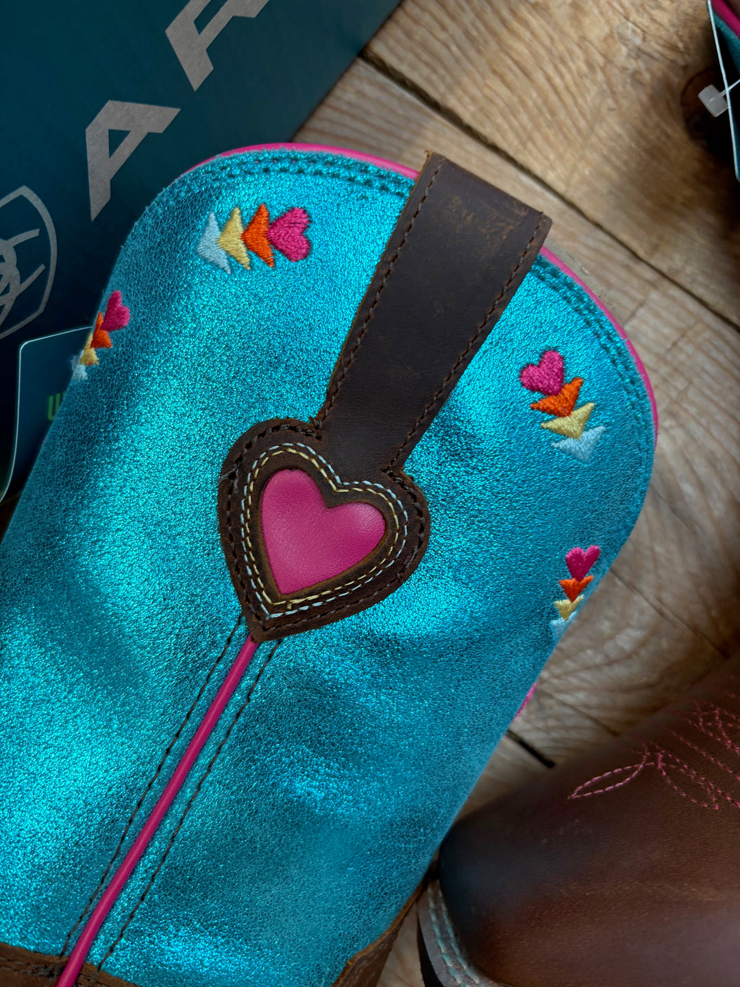 Youth Kids Ariat Rodeo Love Western High Top Cowgirl Boot - Distressed Brown / Aqua Dazzle Metallic