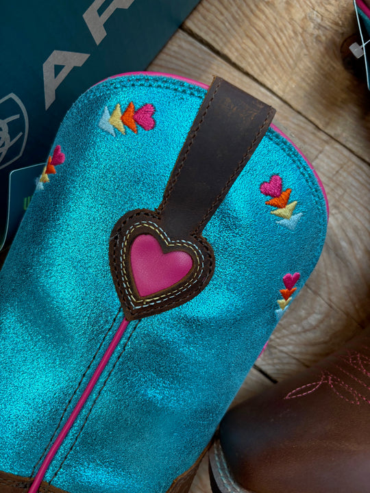 Youth Kids Ariat Rodeo Love Western High Top Cowgirl Boot - Distressed Brown / Aqua Dazzle Metallic