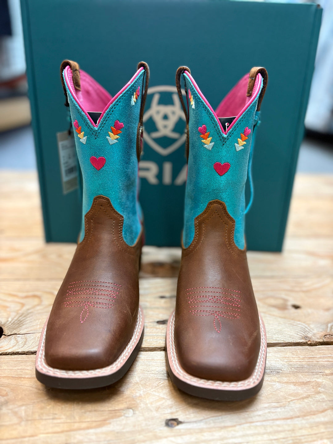 Youth Kids Ariat Rodeo Love Western High Top Cowgirl Boot - Distressed Brown / Aqua Dazzle Metallic