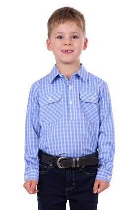 Kids Hard Slog Ron Half Button LS Shirt - Blue / white (7336732524621)