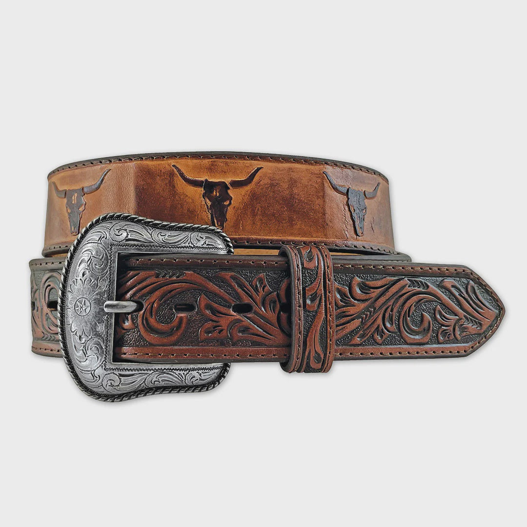 Mens Roper Genuine Leather with Debossed Ox Heads - Tan