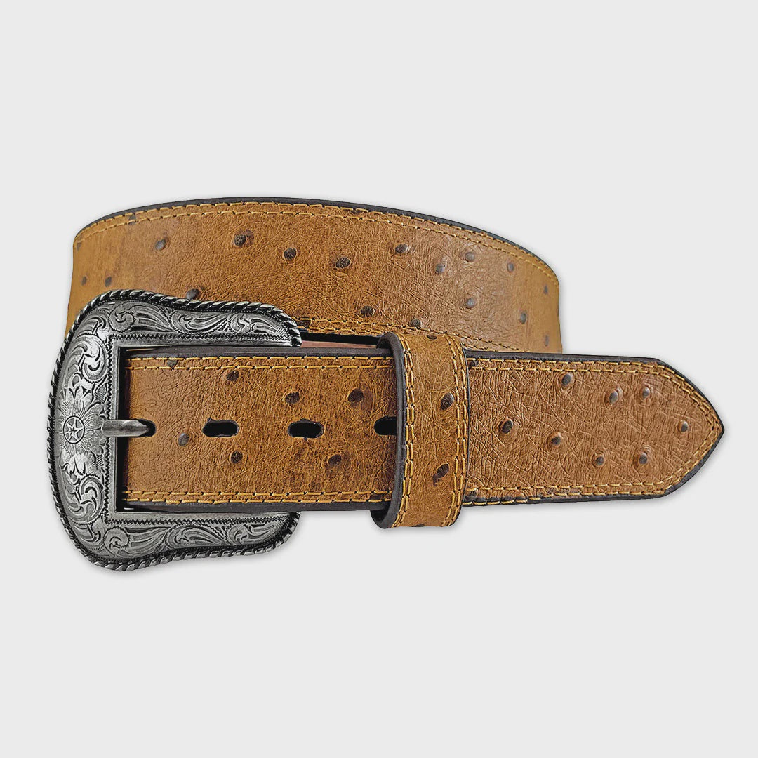 Mens Roper Genuine Leather with Ostrich Print Belt - Tan