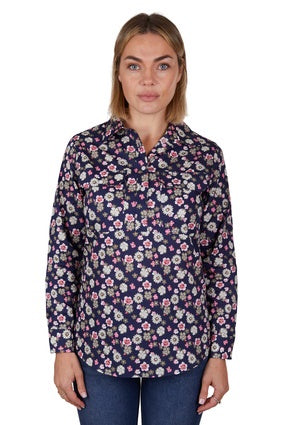 Womens Hard Slog Rose Half Button LS Shirt - Navy (7132014805069)