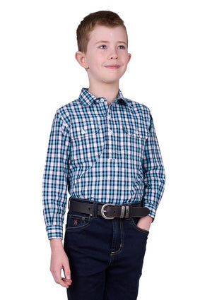 Kids Hard Slog Rui Half Button LS Shirt - Teal / Navy (7505926389837)