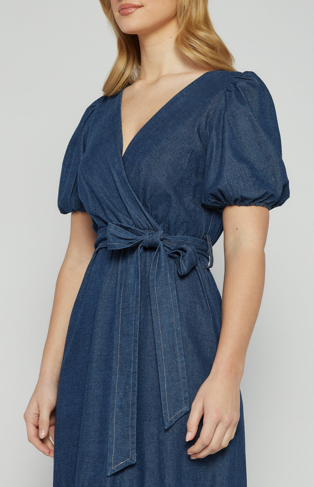 Womens Brydie Chambray Bubble Sleeve Midi Dress - Denim Blue (7347911819341)