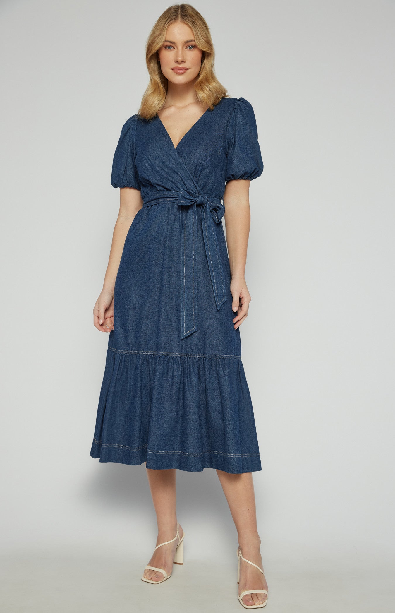 Womens Brydie Chambray Bubble Sleeve Midi Dress - Denim Blue (7347911819341)