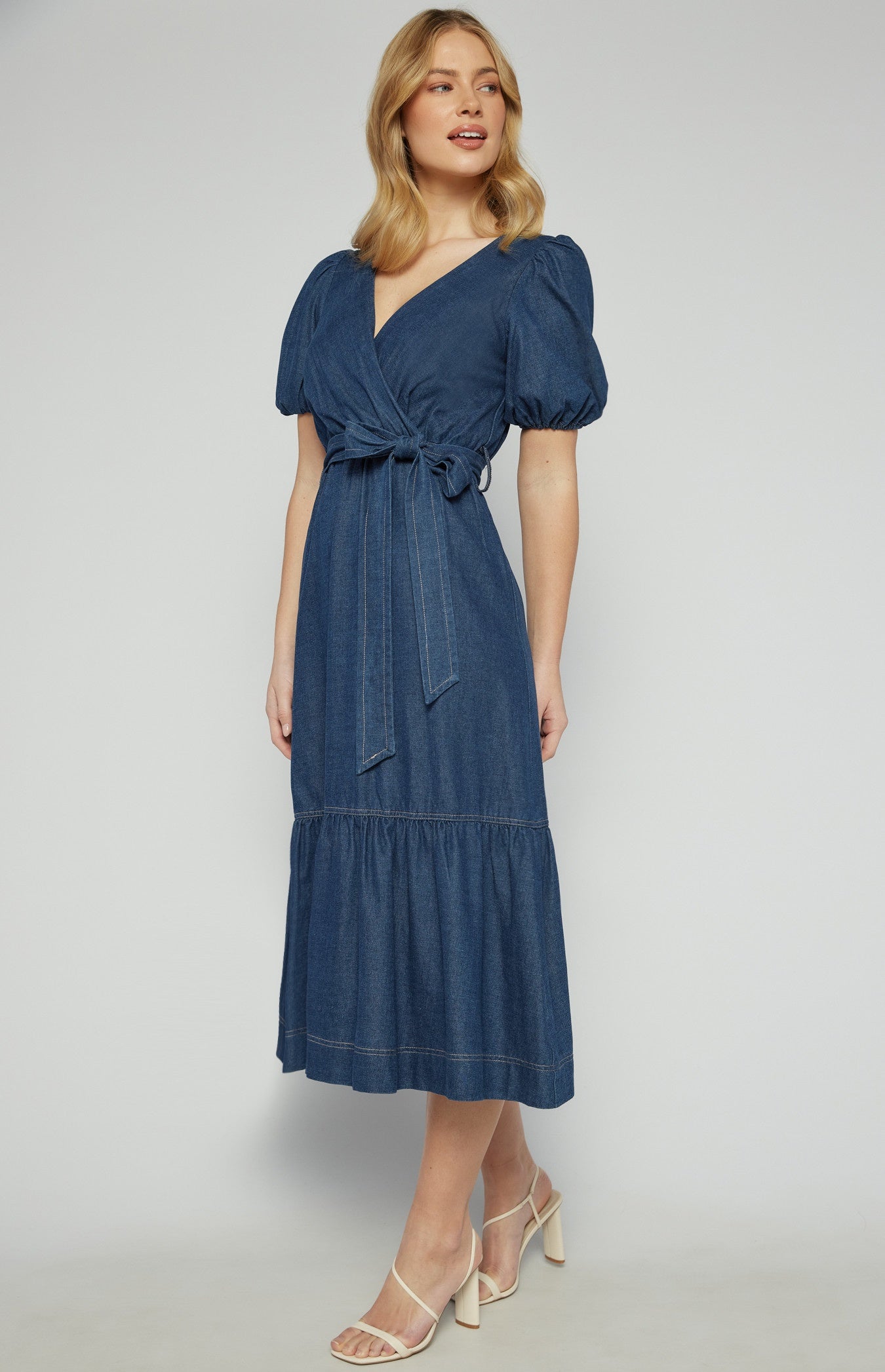 Womens Brydie Chambray Bubble Sleeve Midi Dress - Denim Blue (7347911819341)