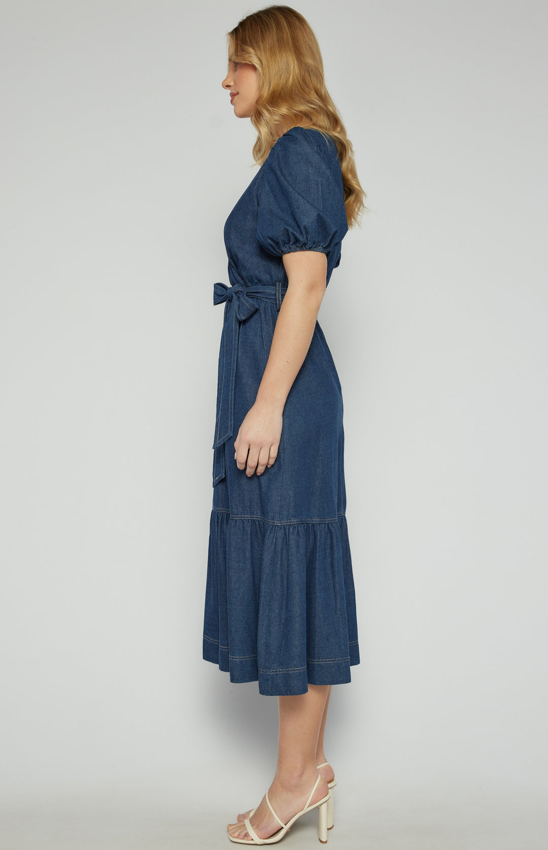 Womens Brydie Chambray Bubble Sleeve Midi Dress - Denim Blue (7347911819341)