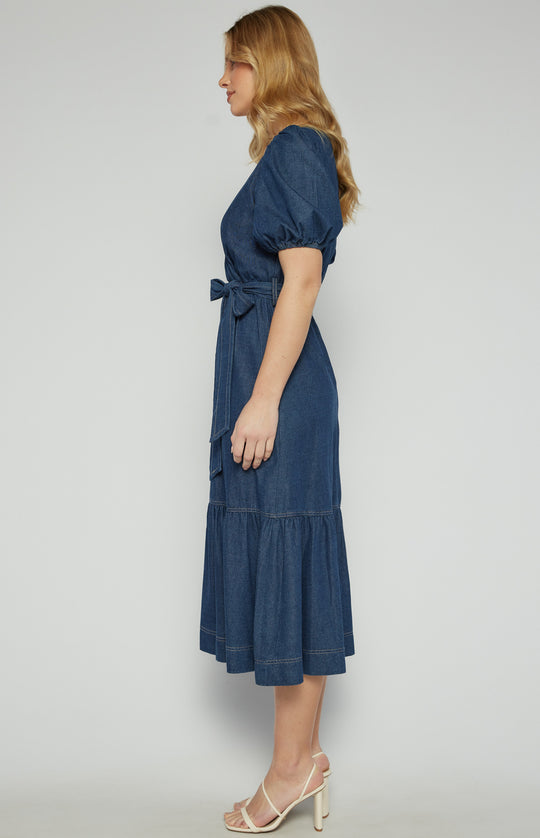 Womens Brydie Chambray Bubble Sleeve Midi Dress - Denim Blue (7347911819341)