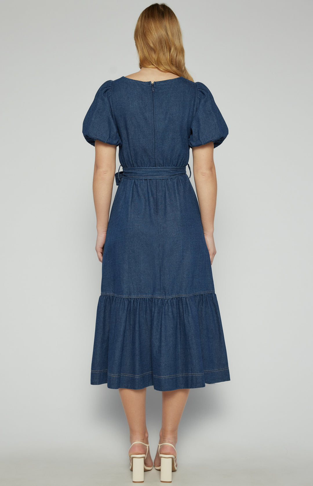 Womens Brydie Chambray Bubble Sleeve Midi Dress - Denim Blue (7347911819341)