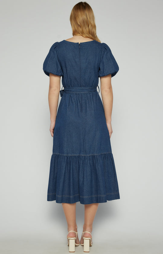 Womens Brydie Chambray Bubble Sleeve Midi Dress - Denim Blue (7347911819341)