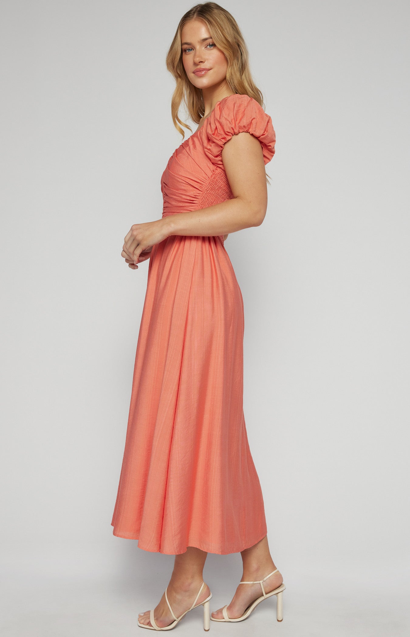 Womens Bailey Bubble Sleeve Gathered Bodice Midi Dress - Coral (7347911786573)