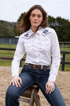 Womens Pure Western Shawna Embroidered Long Sleeve Shirt - Ivory