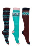 Pure Western Long Riding Socks - 3 Pack - Blues or Turquoise / Rust