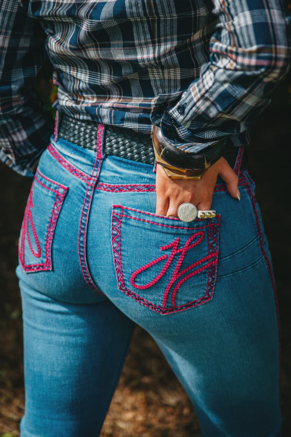 Womens Hitchley &amp; Harrow SR2156 Indiana Hot Pink Metallic Stitch Ultra High Rise Jean