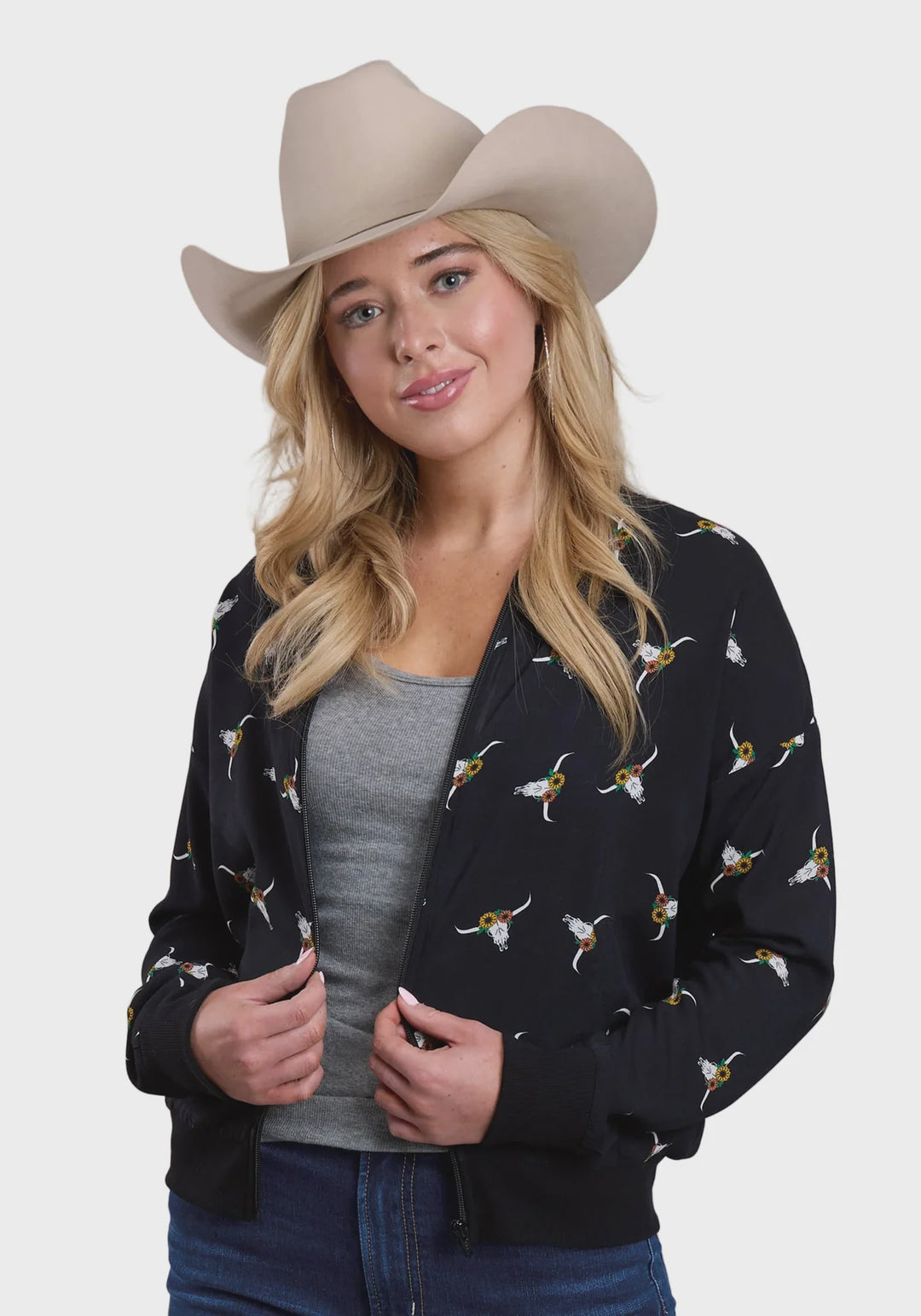 Womens Roper Five Star Collection Bomber Jacket - Black Steer Skull Print