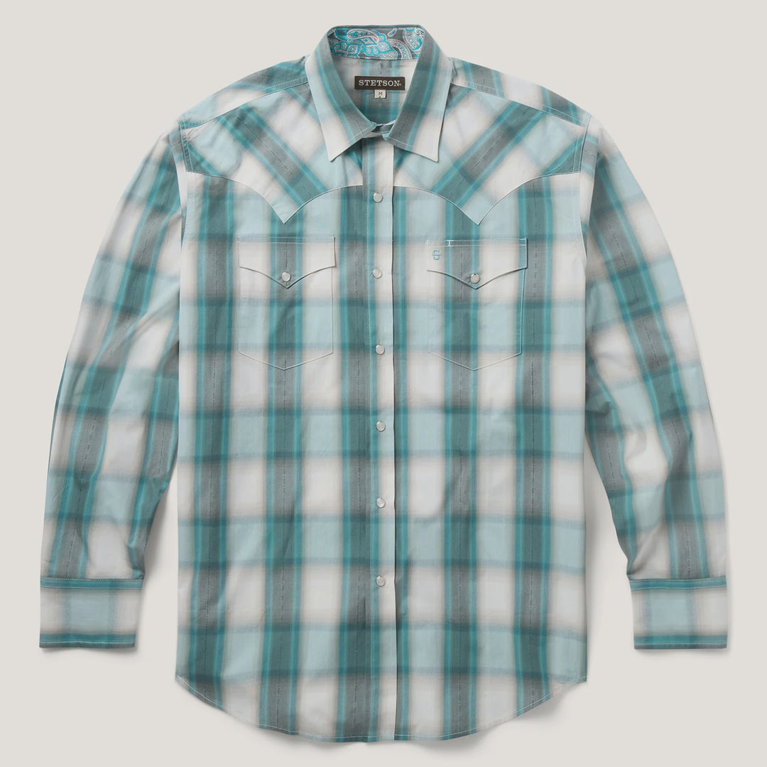 Mens Stetson Long Sleeve Western Shirt - Plaid Blue