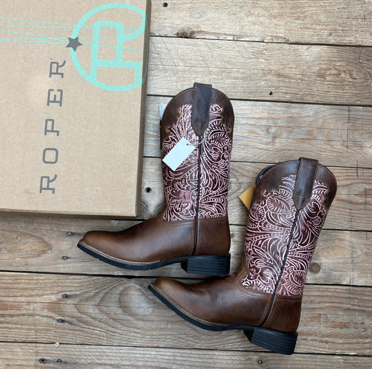 Womens Roper Tanglewood Leather Western High Top Boot - Tan or Brown / Pink