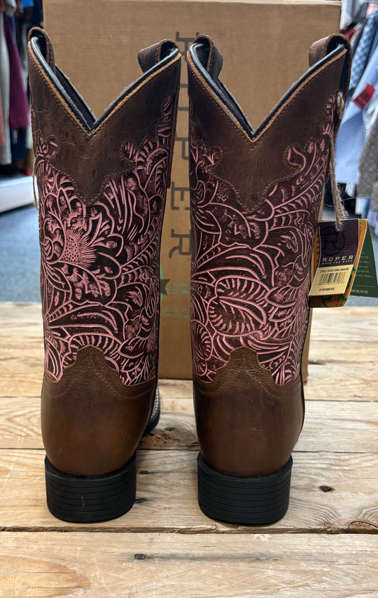 Womens Roper Tanglewood Leather Western High Top Boot - Tan or Brown / Pink