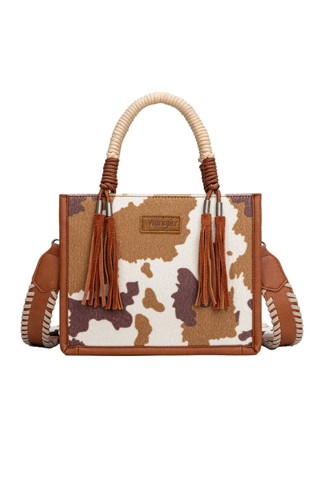Wrangler Cow Print Tassel Crossbody Bag - Tan / Chocolate / Black