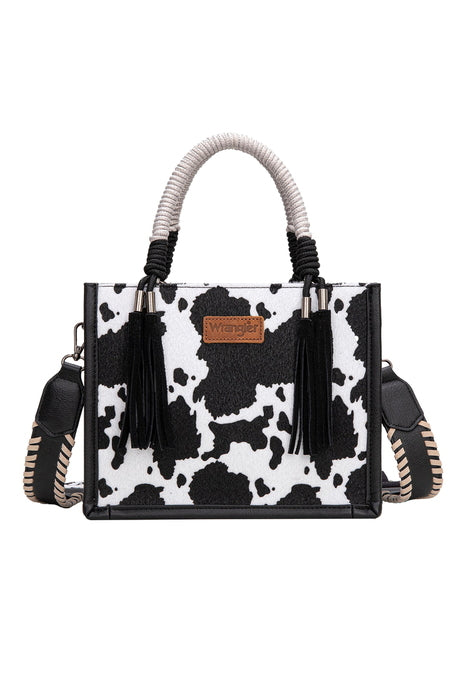 Wrangler Cow Print Tassel Crossbody Bag - Tan / Chocolate / Black