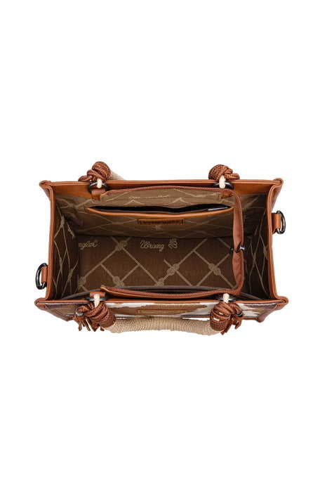 Wrangler Cow Print Tassel Crossbody Bag - Tan / Chocolate / Black