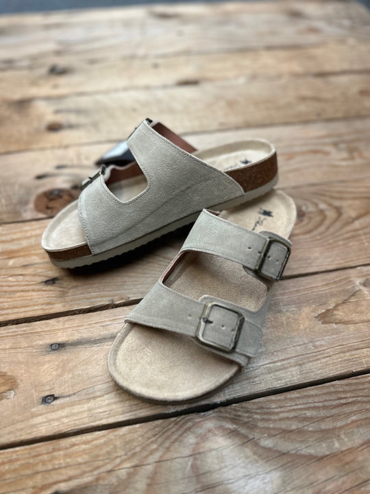 Womens Thomas Cook Trinity Suede Buckle Sandal - Taupe