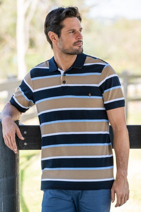 Mens Thomas Cook Troy 1 Pocket Striped Polo Shirt - Navy / Tan (7351243767885)