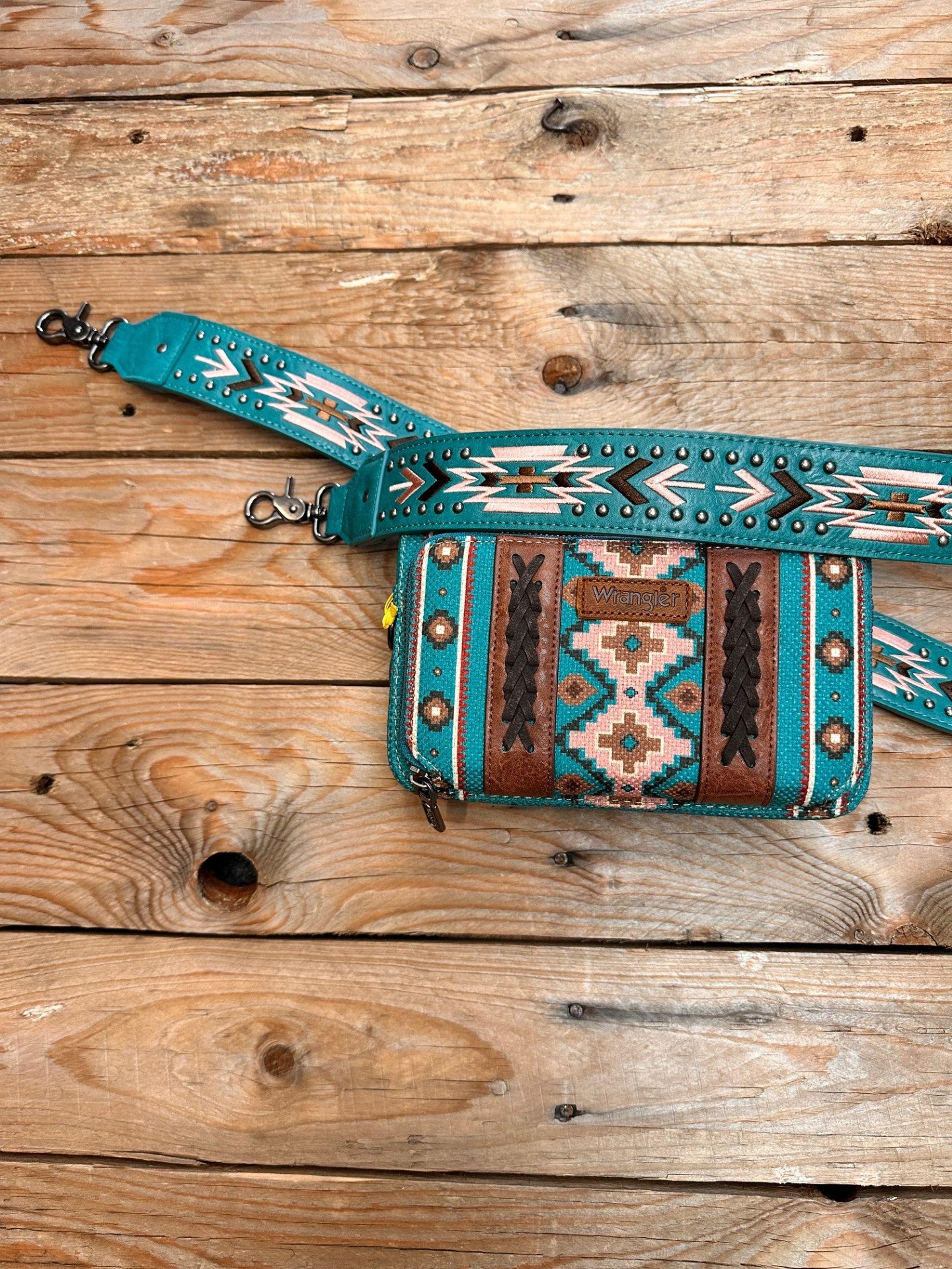 Wrangler Aztec South West Printed Crossbody Purse with Wallet Component - Turquoise (7308226396237)