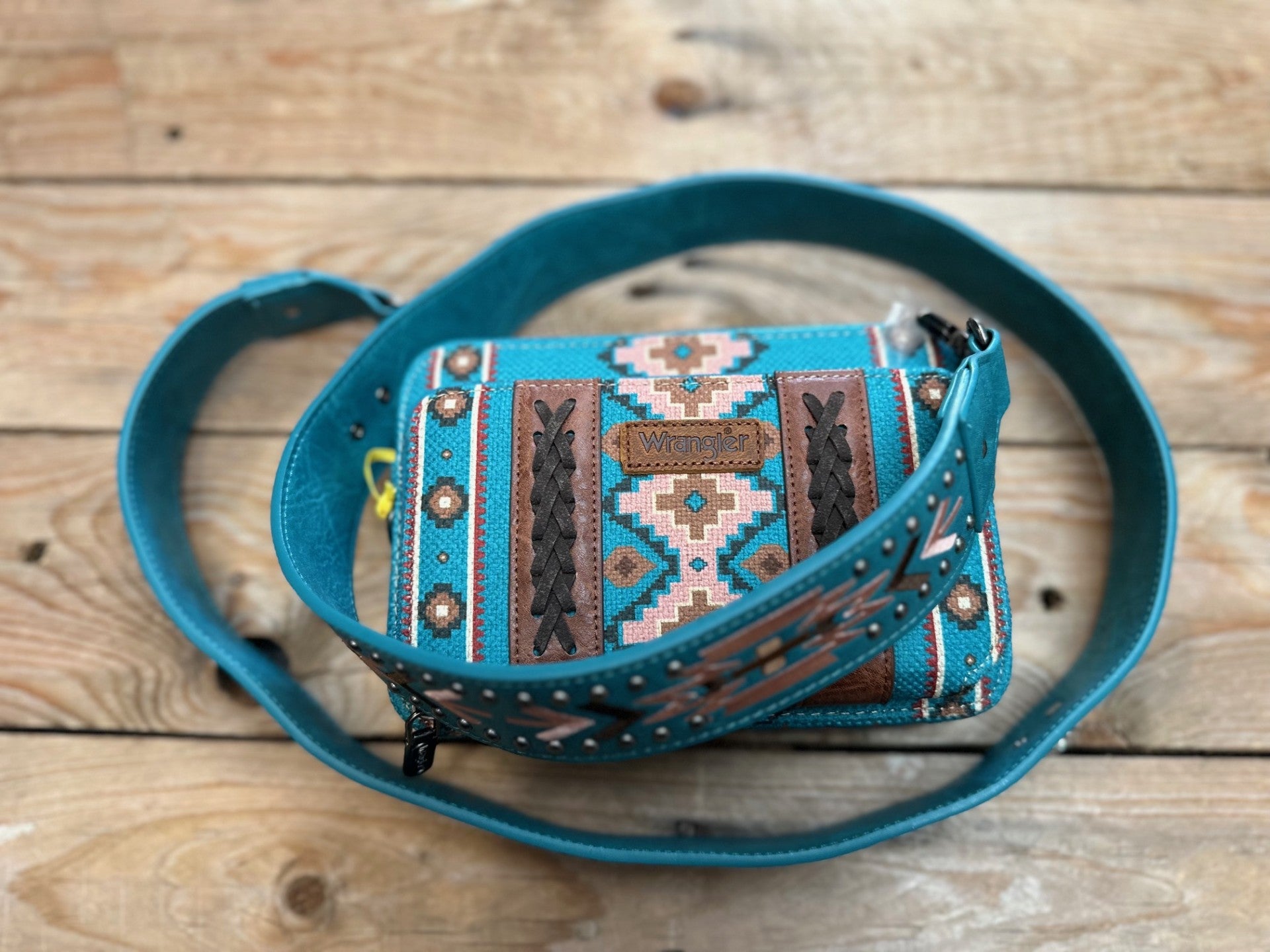 Wrangler Aztec South West Printed Crossbody Purse with Wallet Component - Turquoise (7308226396237)