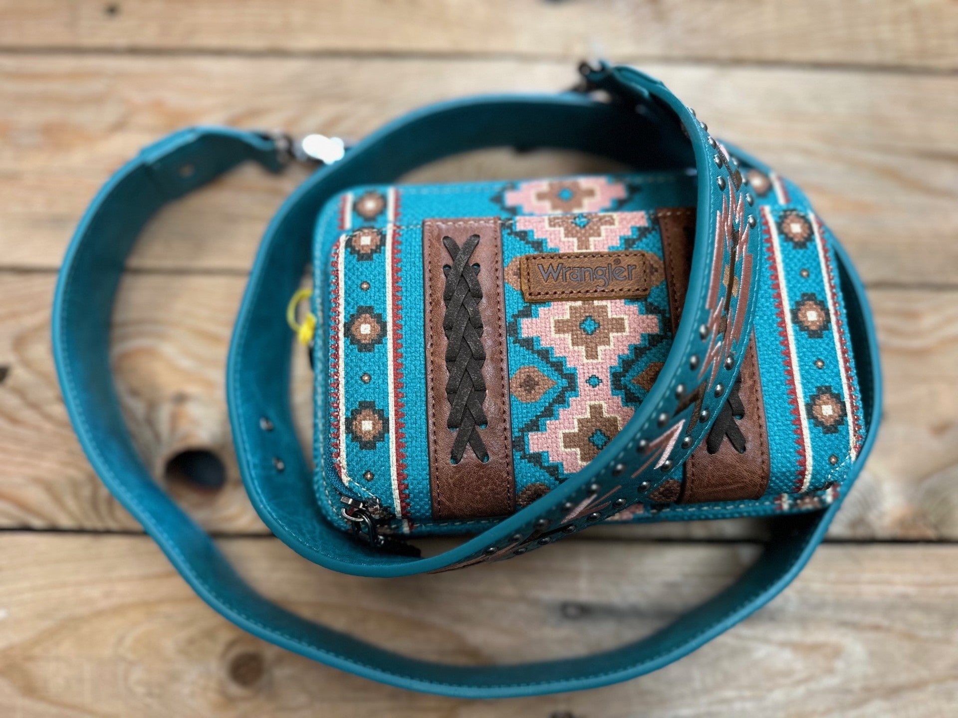 Wrangler Aztec South West Printed Crossbody Purse with Wallet Component - Turquoise (7308226396237)