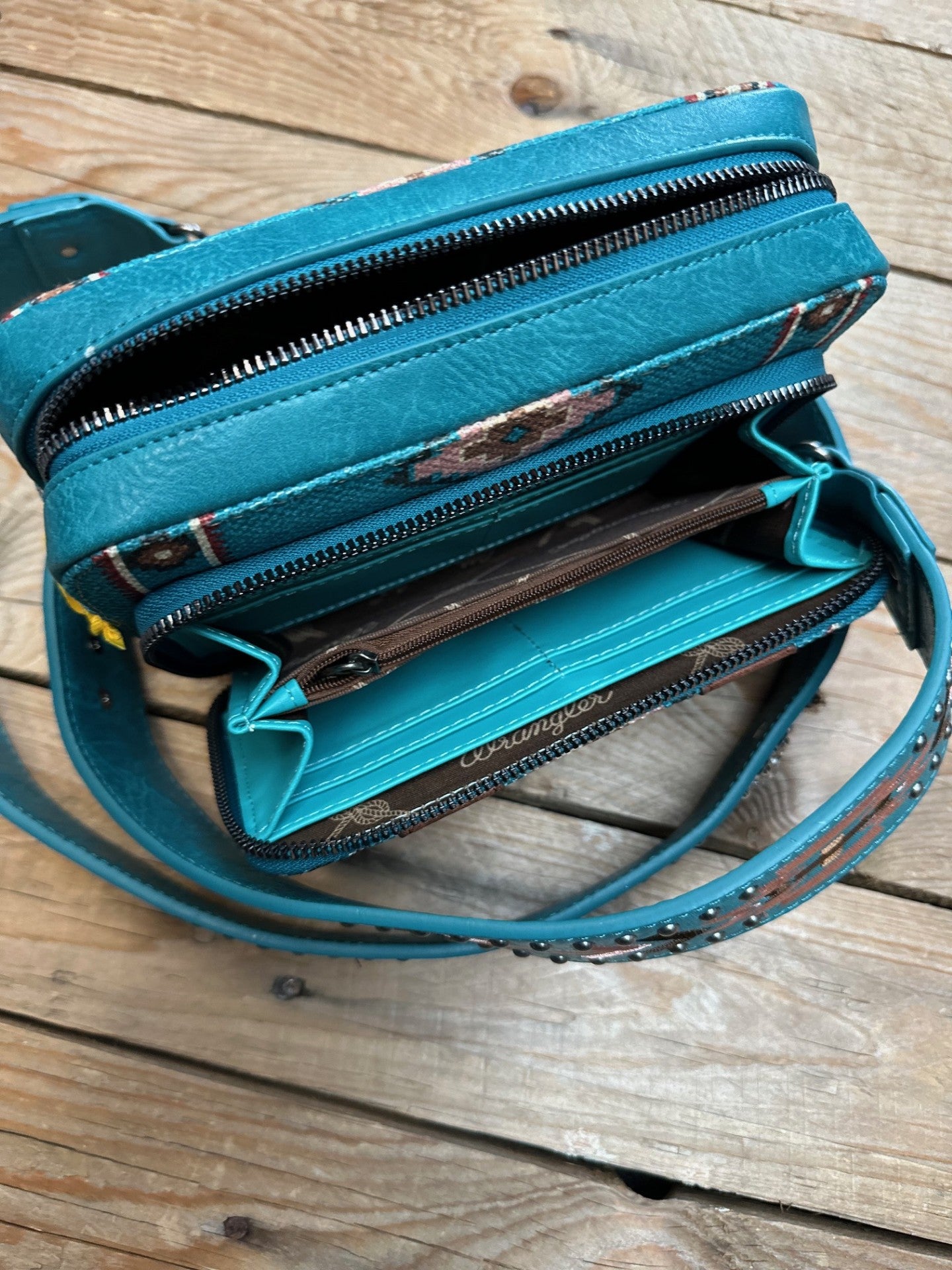 Wrangler Aztec South West Printed Crossbody Purse with Wallet Component - Turquoise (7308226396237)