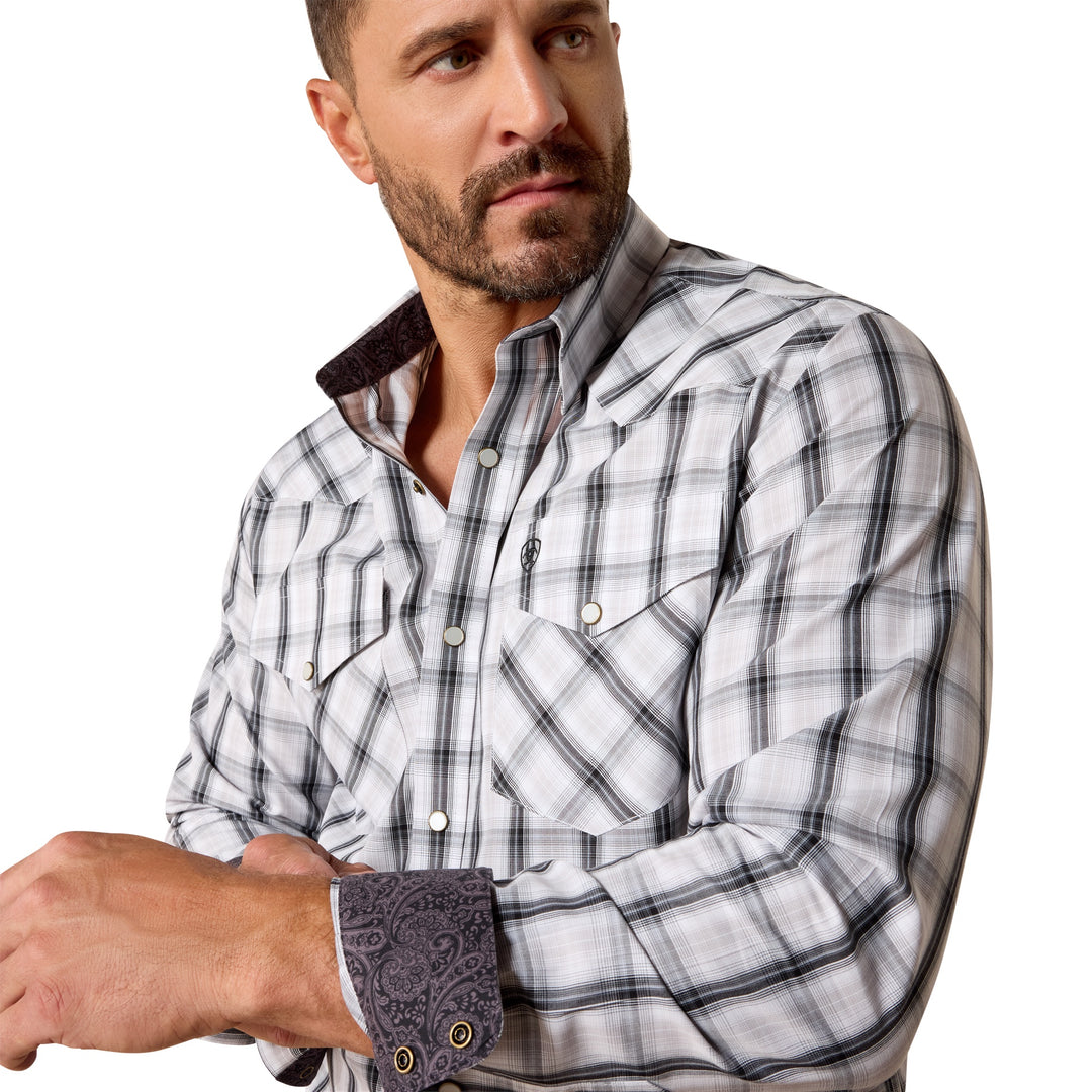 Mens Ariat Wrinkle Free Ari Fitted Snap Closure Long Sleeve Shirt - White Plaid