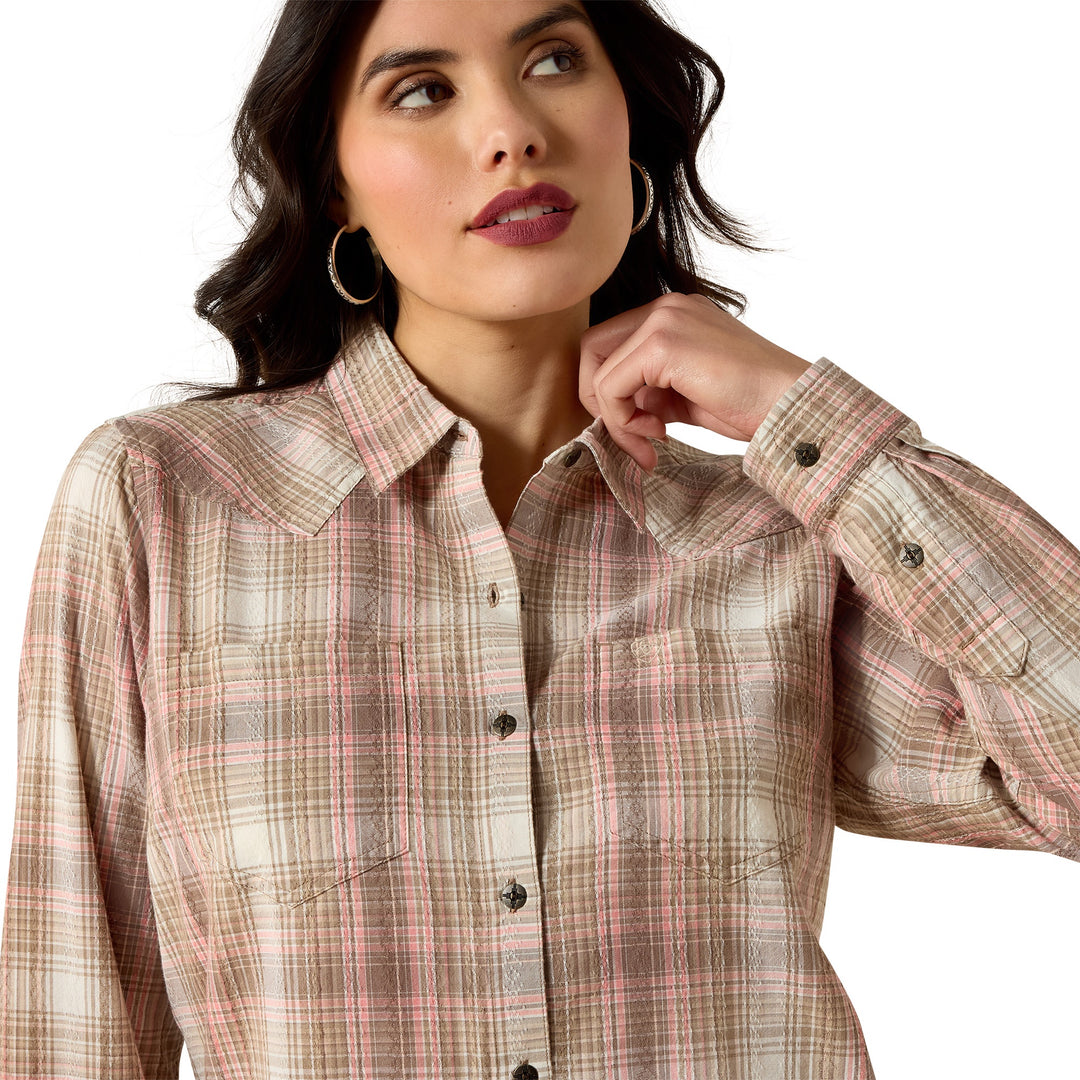 Womens Ariat Billie Jean Long Sleeve Shirt - White Pepper Coral Plaid