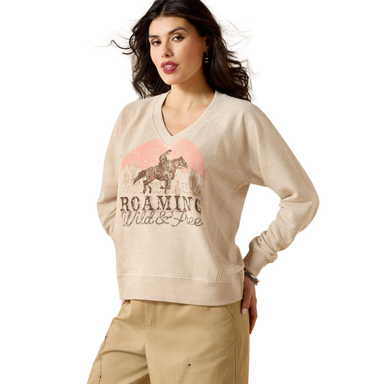 Womens Ariat Victoria Sweatshirt Jumper - Khaki Heather Horse Wild and Free