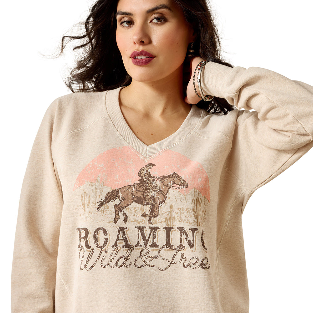 Womens Ariat Victoria Sweatshirt Jumper - Khaki Heather Horse Wild and Free