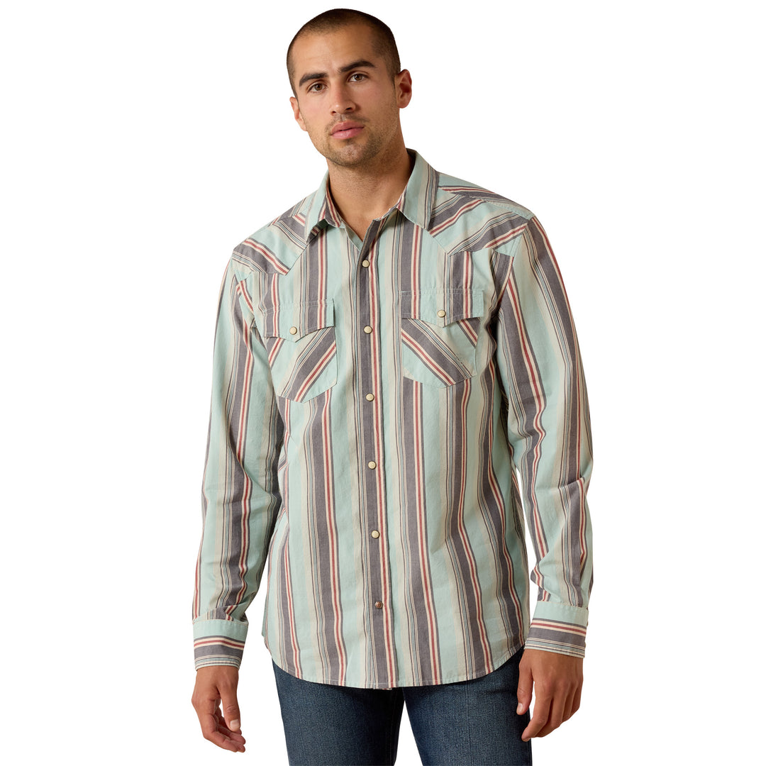 Mens Ariat Retro Hesperus Fitted Snap Close Long Sleeve Shirt - Aquifer Plaid