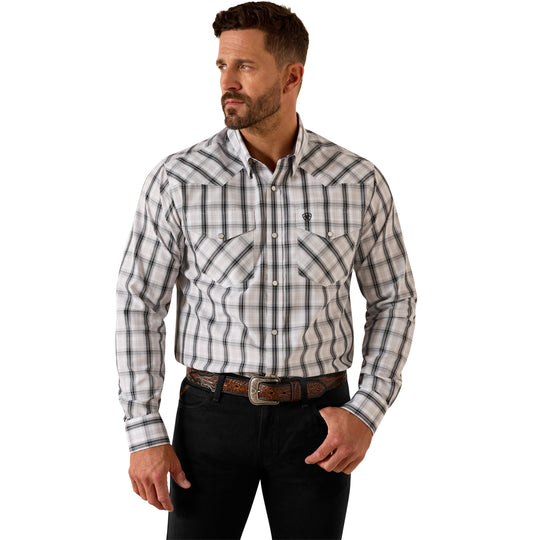 Mens Ariat Wrinkle Free Ari Fitted Snap Closure Long Sleeve Shirt - White Plaid
