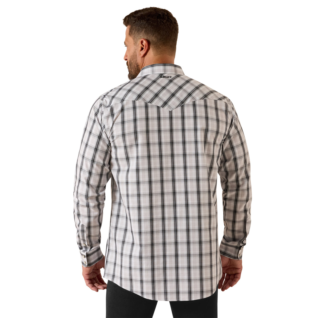 Mens Ariat Wrinkle Free Ari Fitted Snap Closure Long Sleeve Shirt - White Plaid