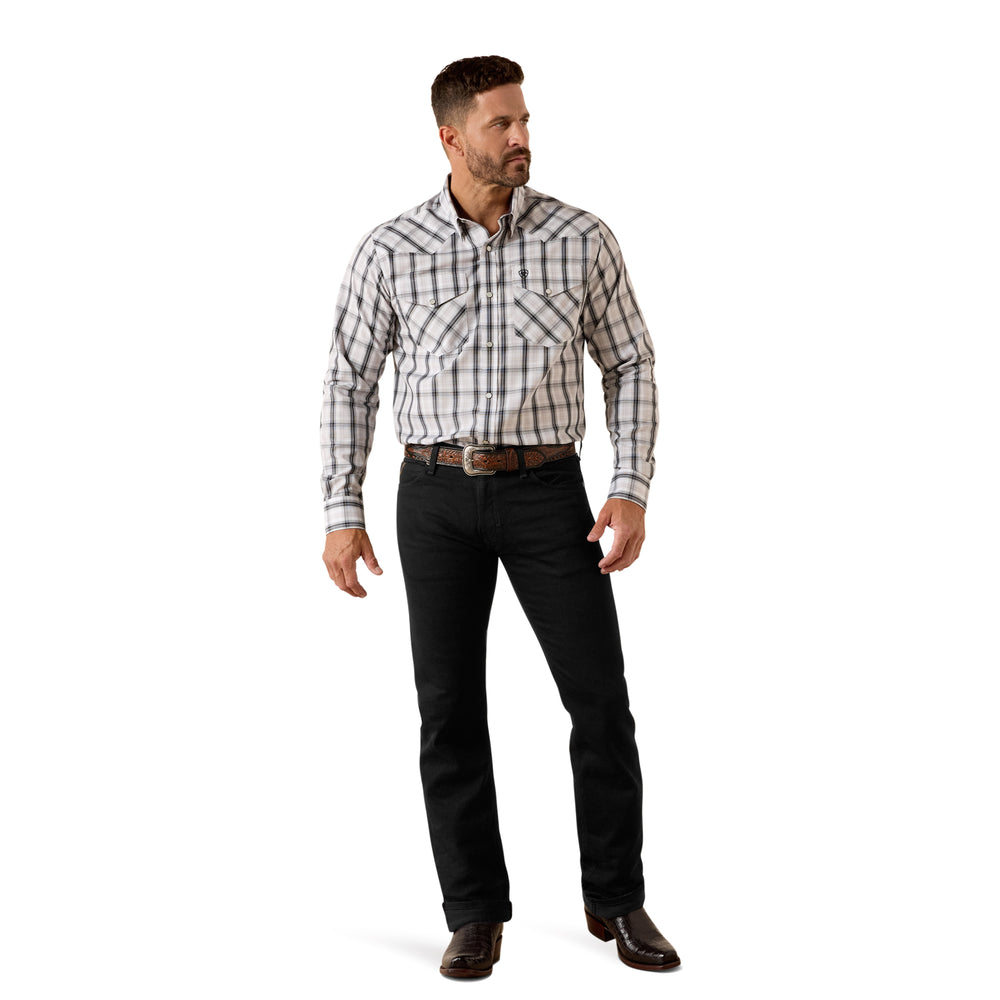 Mens Ariat Wrinkle Free Ari Fitted Snap Closure Long Sleeve Shirt - White Plaid