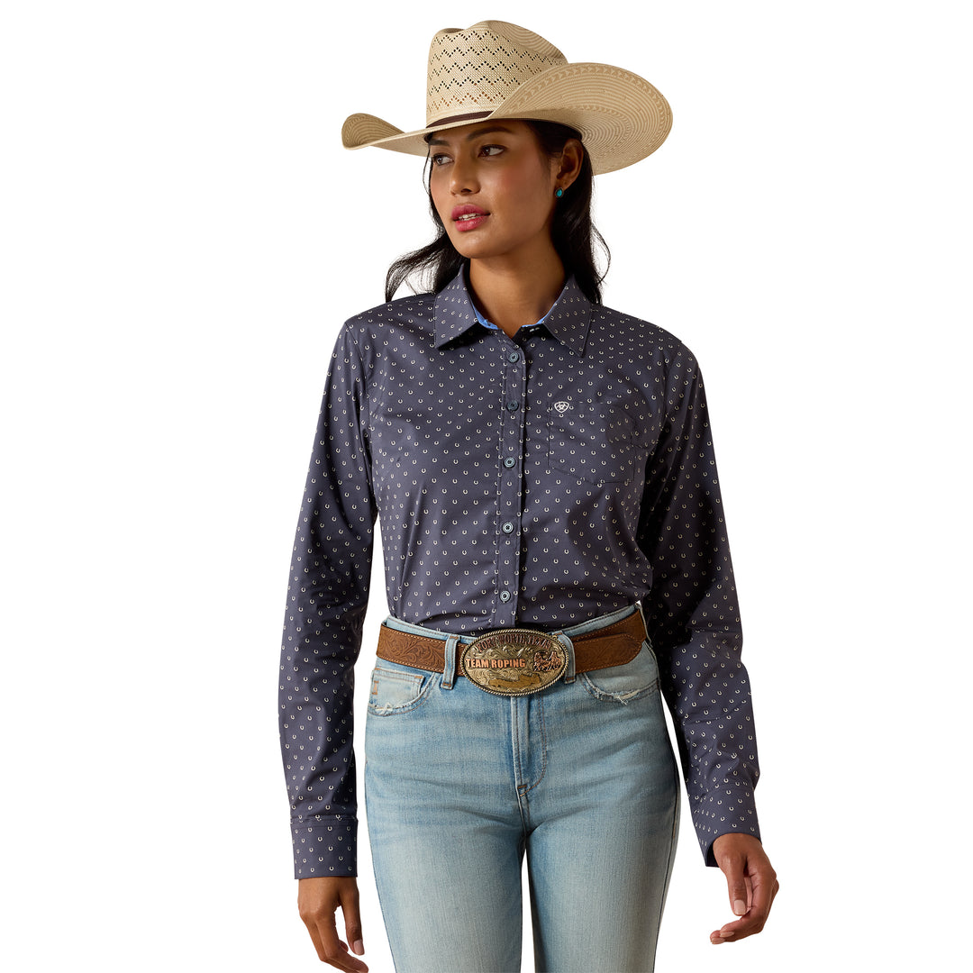 Womens Ariat Kirby Long Sleeve Shirt - Ombre Blue Horseshoe