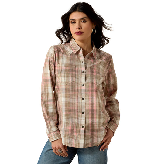 Womens Ariat Billie Jean Long Sleeve Shirt - White Pepper Coral Plaid
