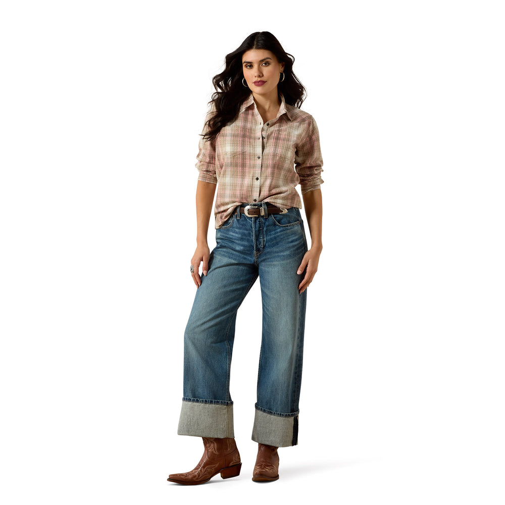 Womens Ariat Billie Jean Long Sleeve Shirt - White Pepper Coral Plaid