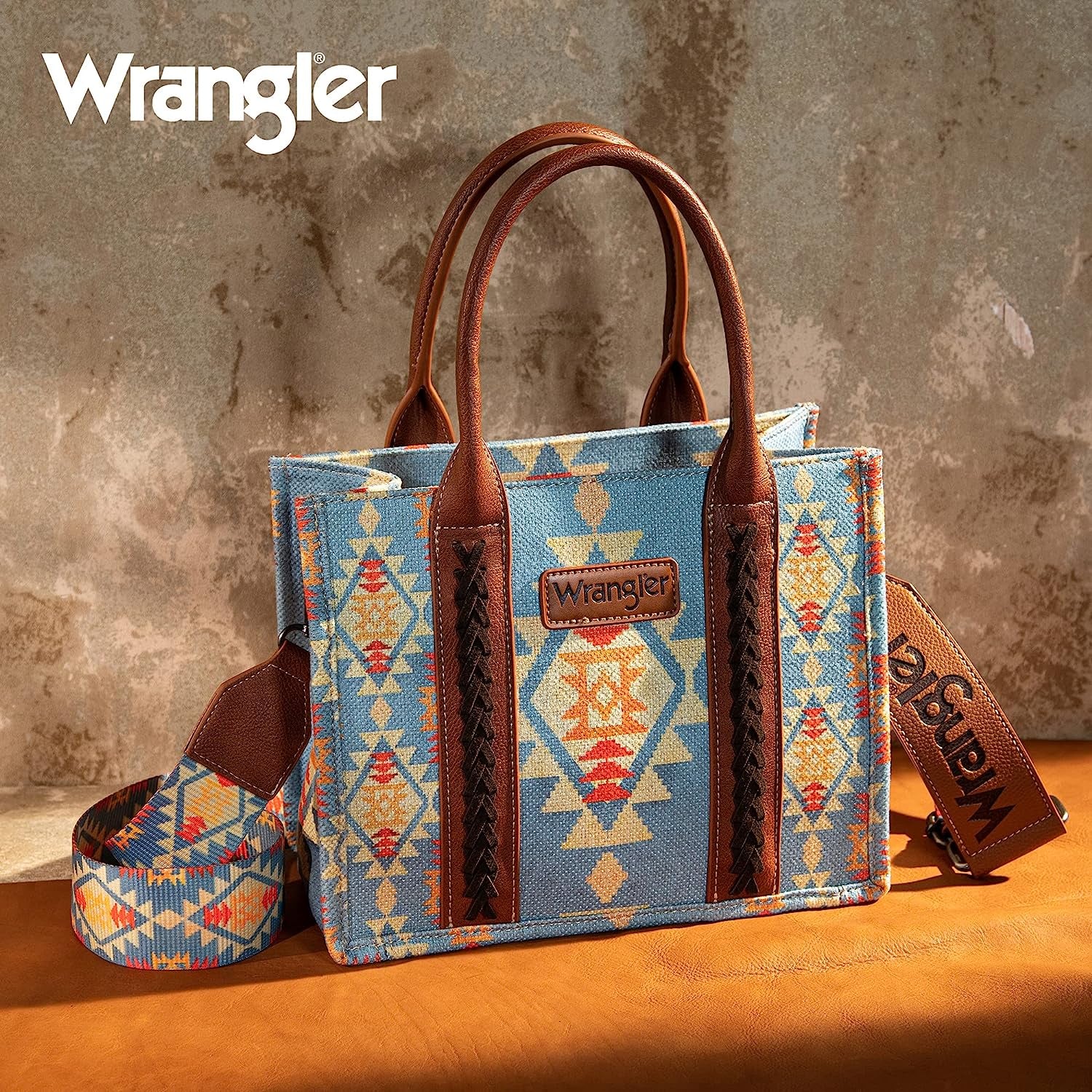 Wrangler Southwestern Print Small Canvas Tote / Crossbody Bag - Brown / Pale Blue (7349425668173)