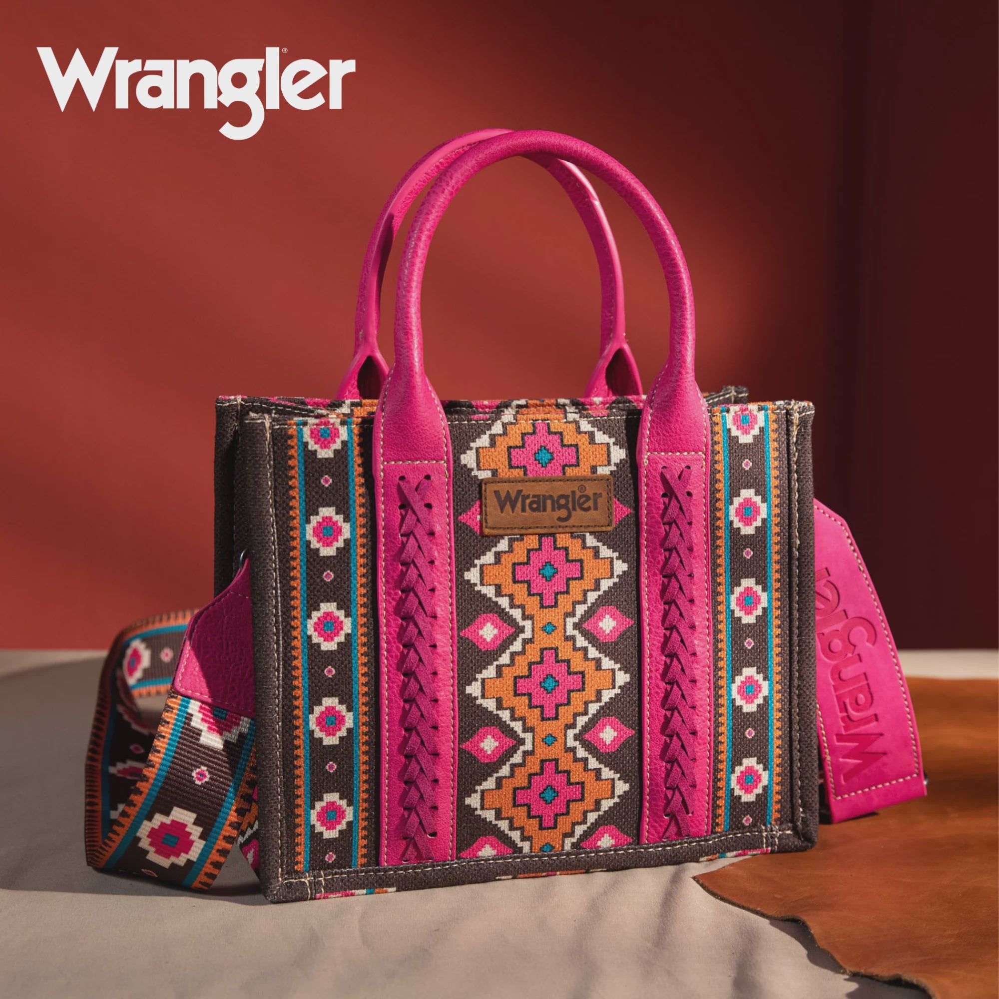 A Wrangler Southwestern Print Small Canvas Tote / Crossbody Bag - Hot Pink (7417919963213)