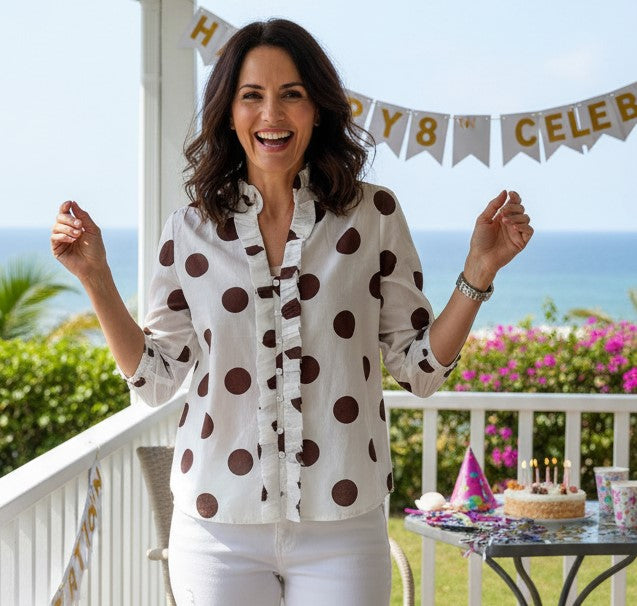 Womens Polka Dot Ruffle Blouse / Shirt - Chocolate / White