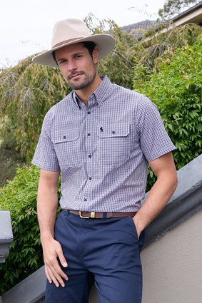 Men’s Thomas Cook Will Check 2-Pocket Short Sleeve Shirt - Navy / Tan